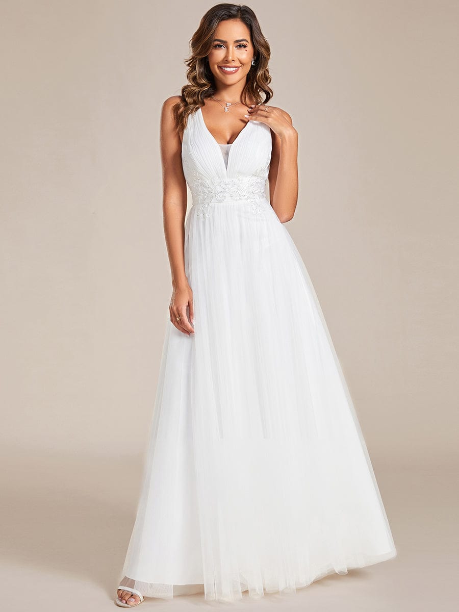 Weitese A-Line tulle bridesmaid dress in white, with waist applique and scoop neck.