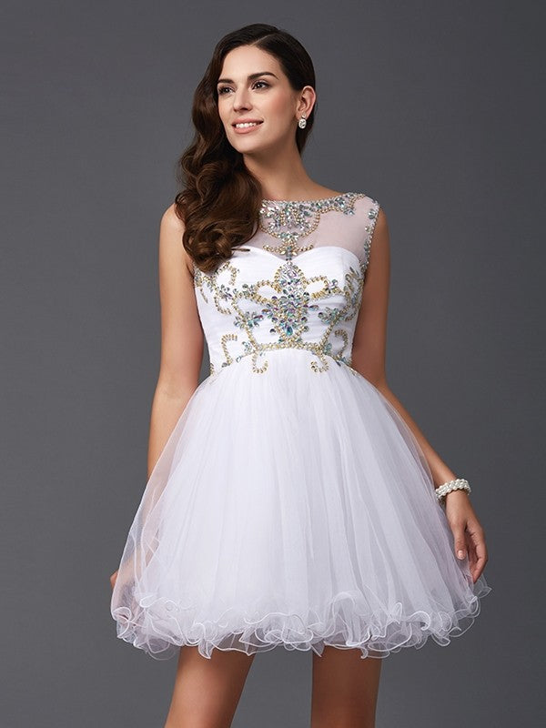 Side view of the A-line short tulle dress, highlighting its elegant silhouette.