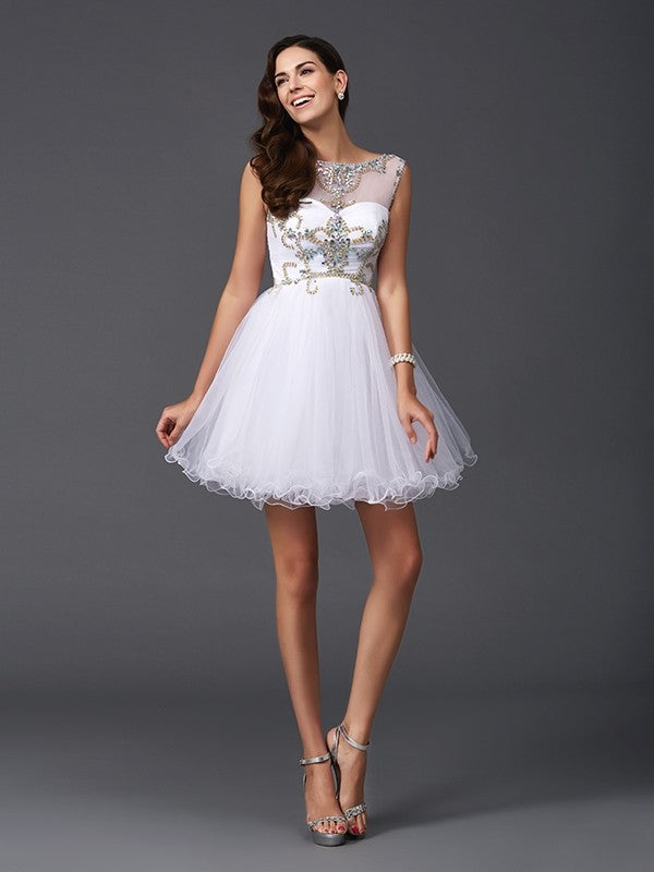 Back view of the sleeveless A-line party dress, showcasing its full design.