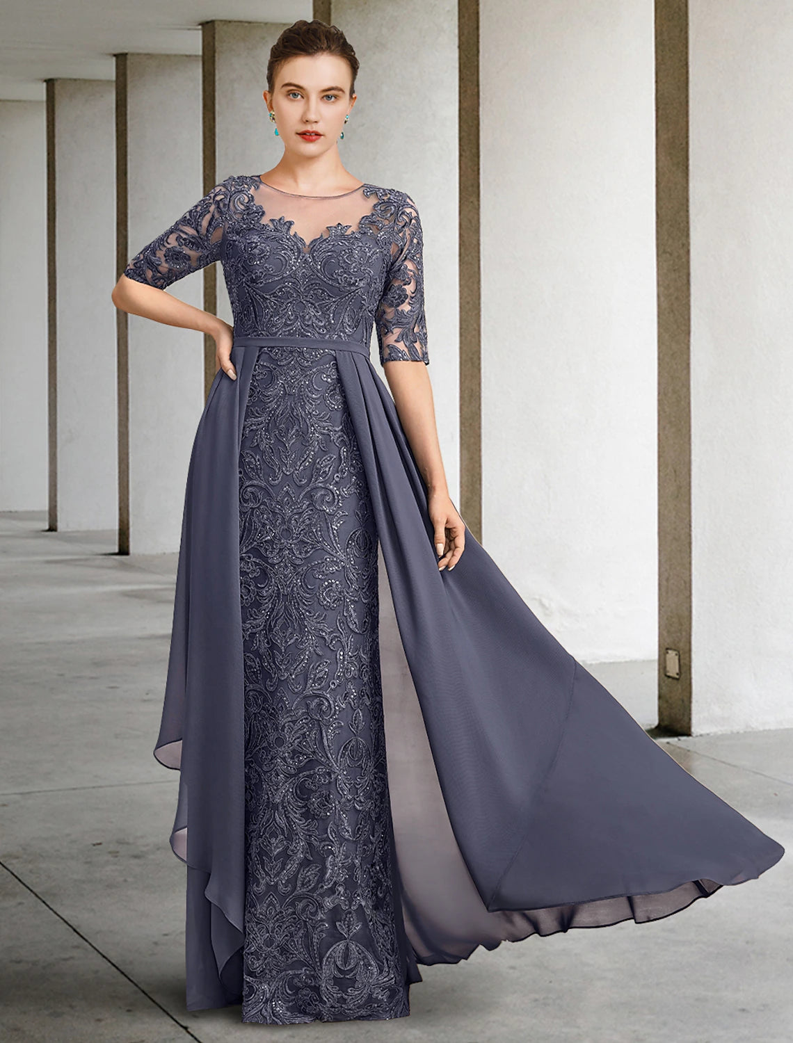 Elegant A-Line Mother of the Bride dress with scoop neck and half sleeves.