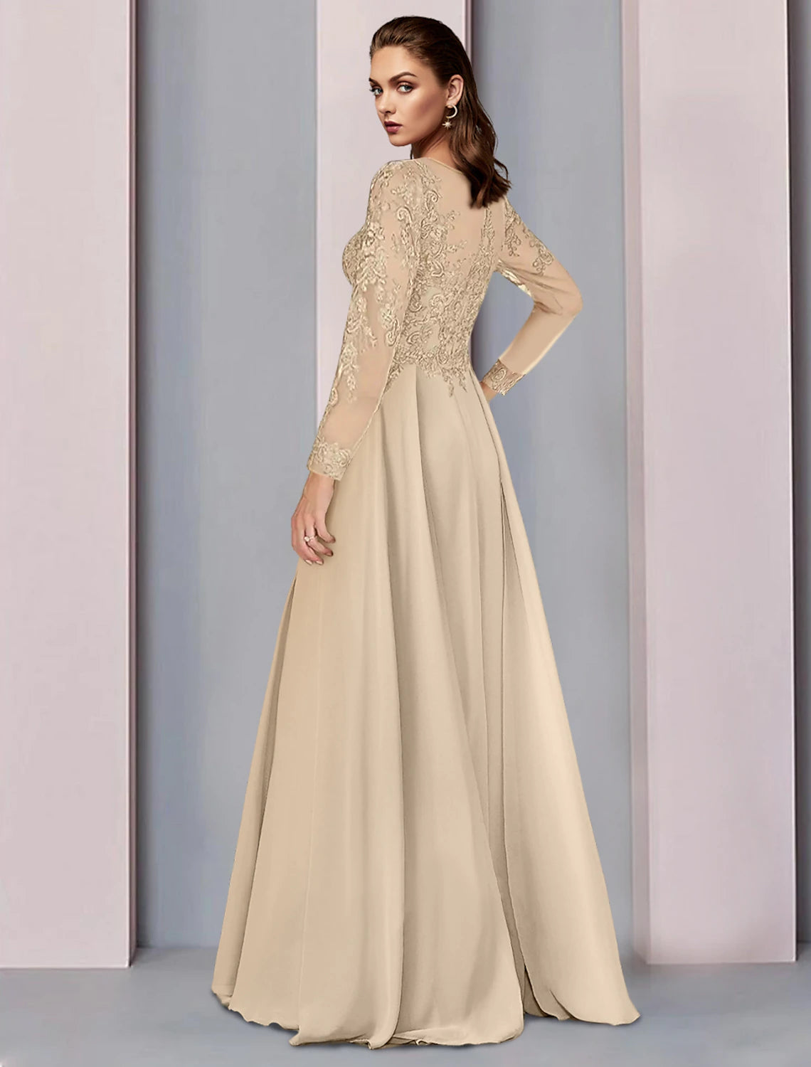 Side view of the chiffon A-line dress, flowing gracefully.