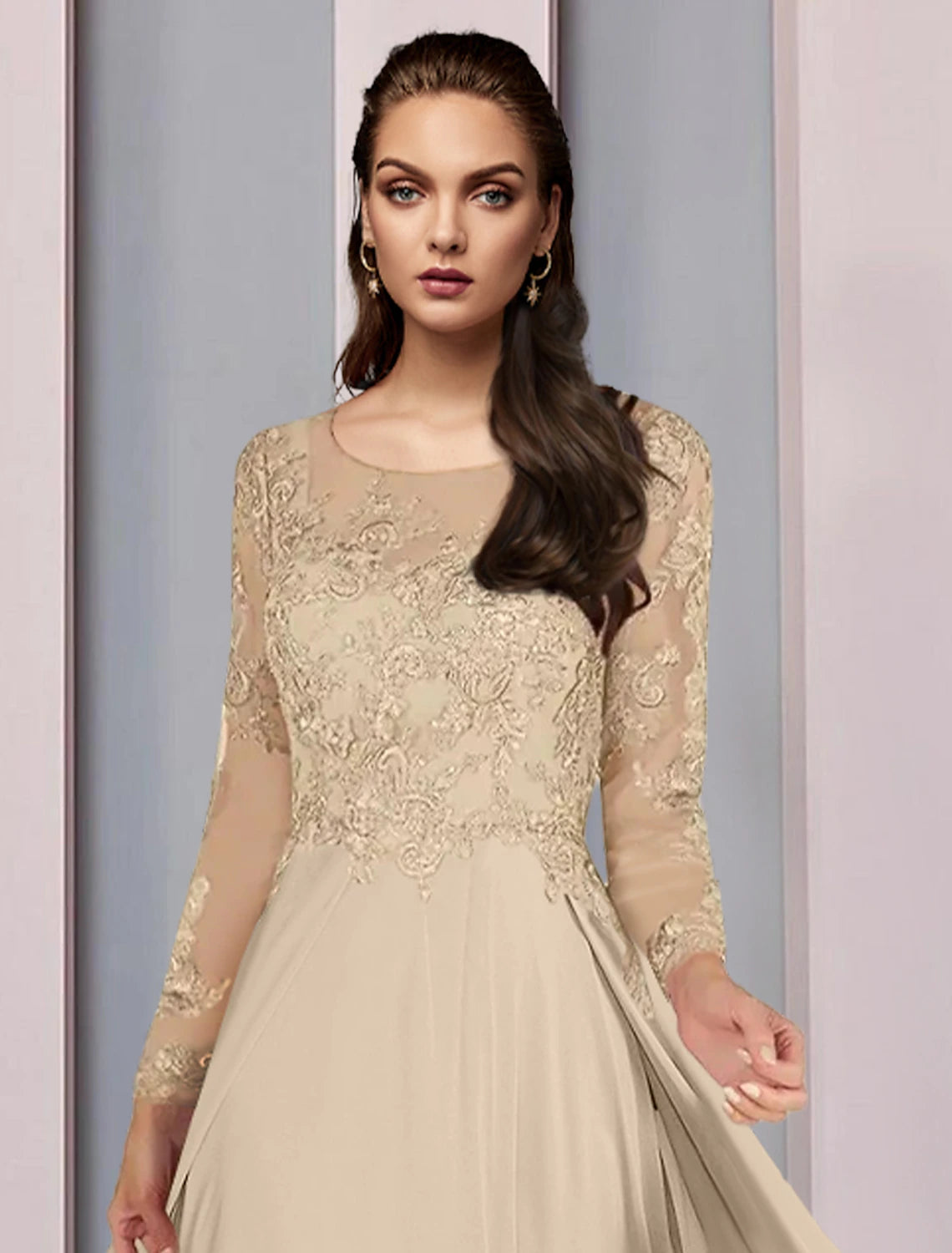 Back view of the floor-length mother of the bride gown with lace ruching.