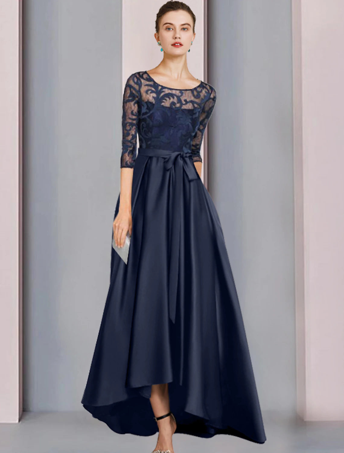 Elegant A-line Mother of the Bride dress with scoop neck, half sleeves, high-low hem, and satin lace details.