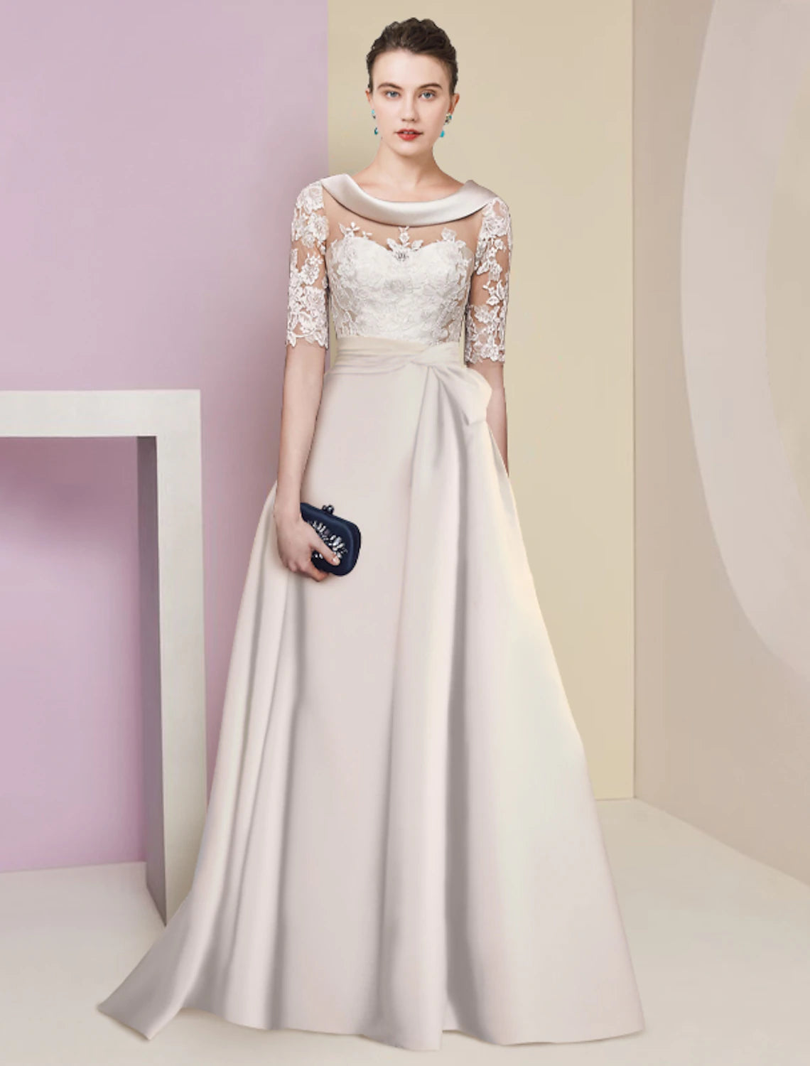 Elegant A-line mother of the bride dress with scoop neck, half sleeves, and lace appliques.