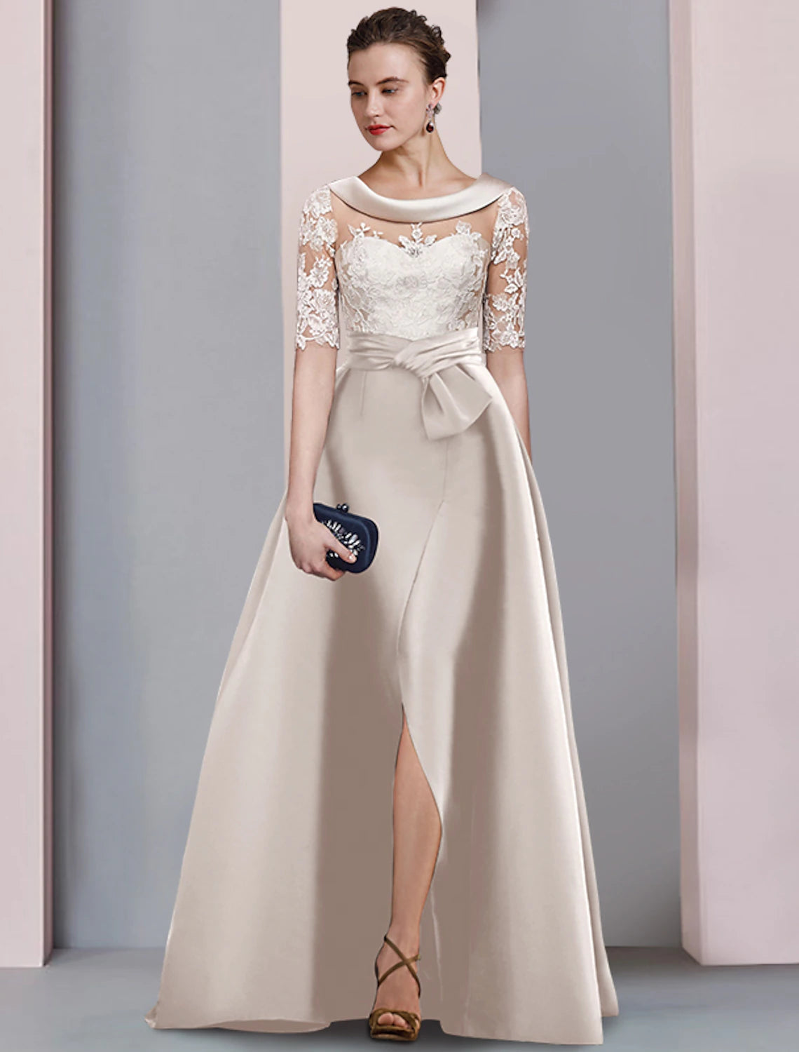 Elegant A-Line Mother of the Bride gown with scoop neck, half sleeves, satin lace, and front split.