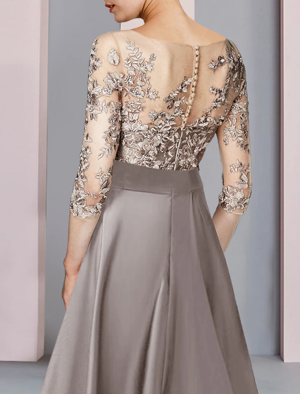 Back view of the elegant Weitese A-Line dress, showing the tea length and half sleeves.