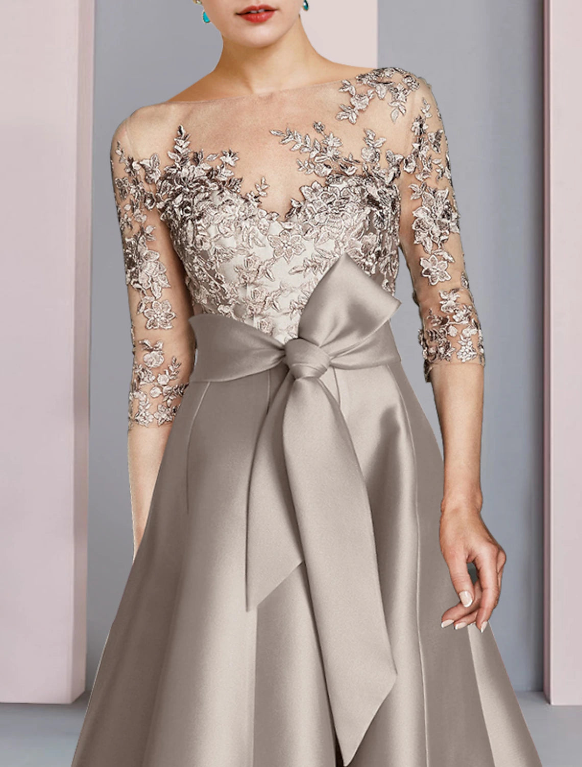 Side view of the Weitese A-Line mother of the bride dress, highlighting the silhouette.