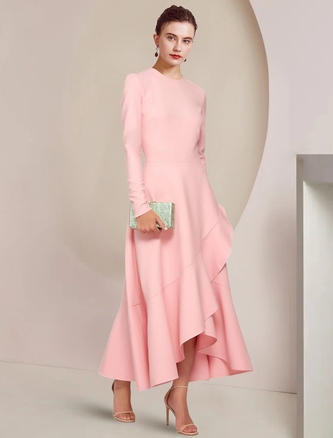 Elegant A-Line Mother of the Bride dress with long sleeves and scoop neck.
