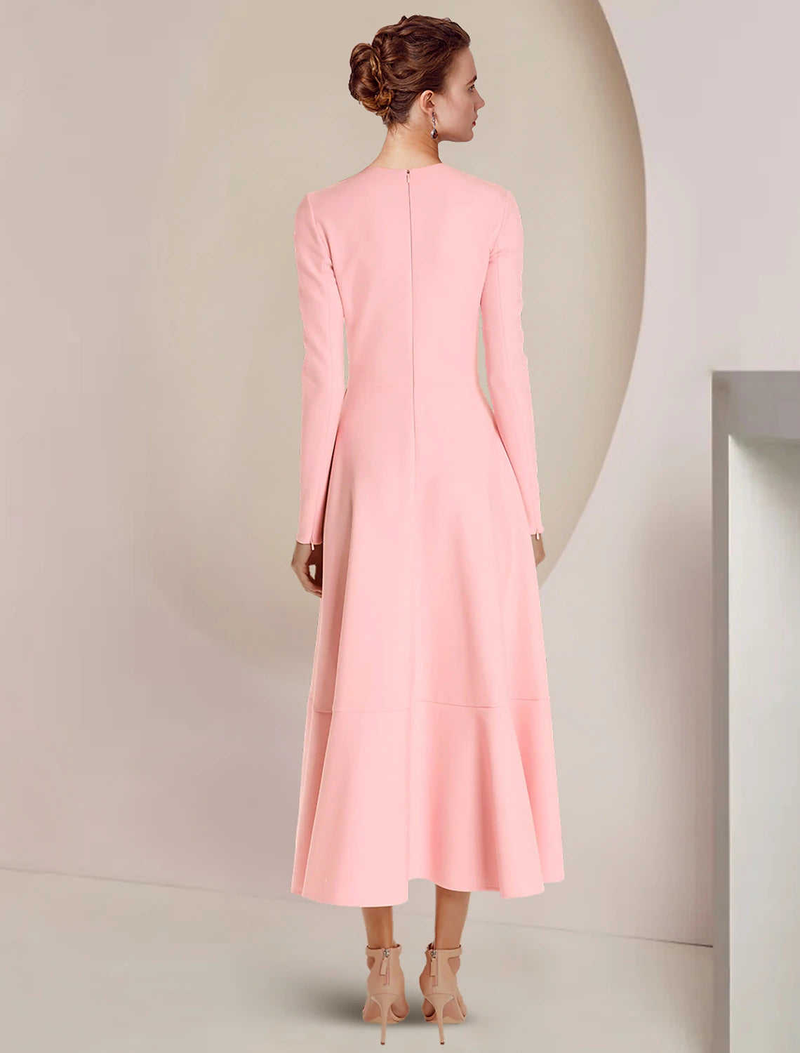 Side view of the A-Line dress, highlighting the high-low asymmetrical hem.