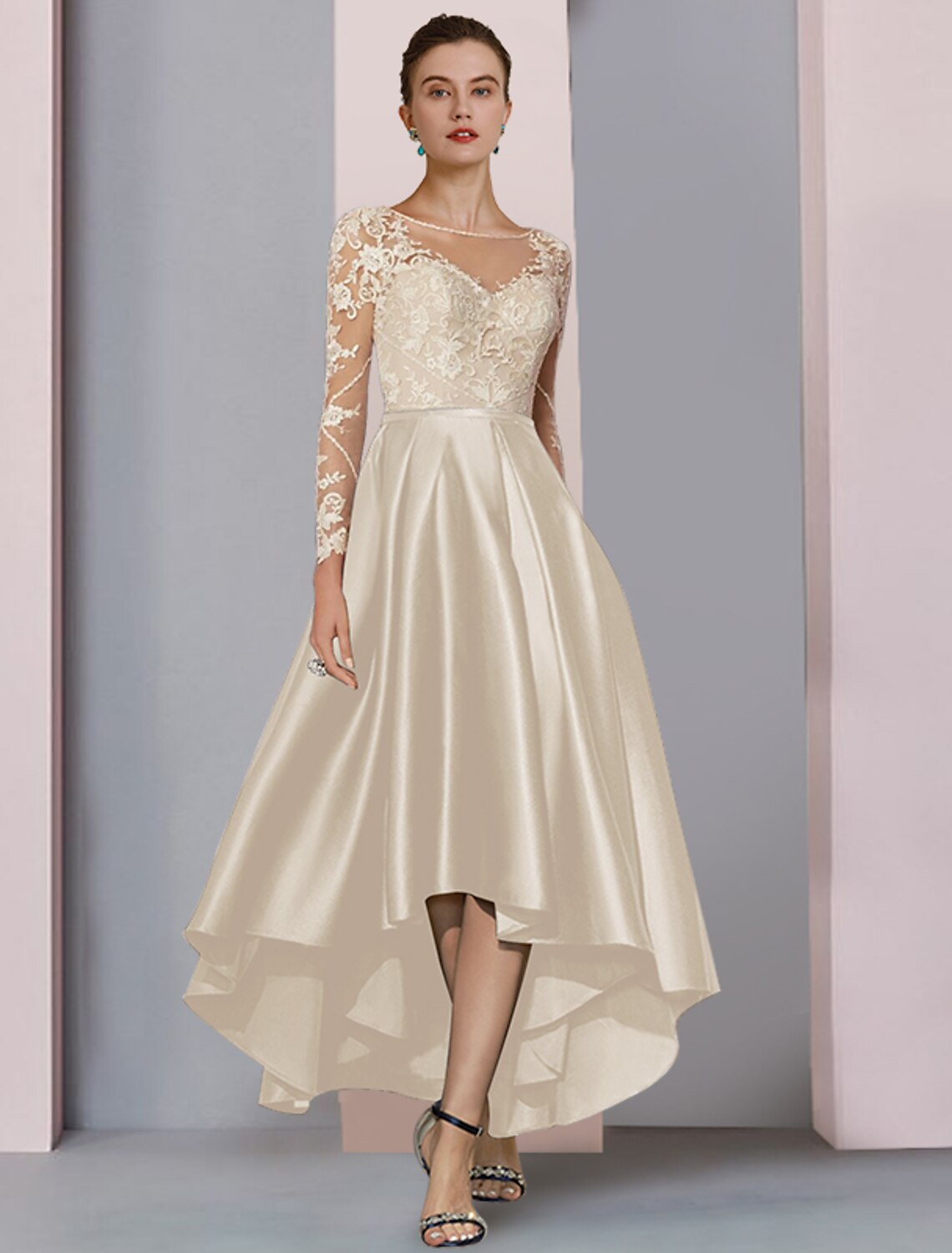 Elegant A-Line Mother of the Bride dress with long sleeves and scoop neck.