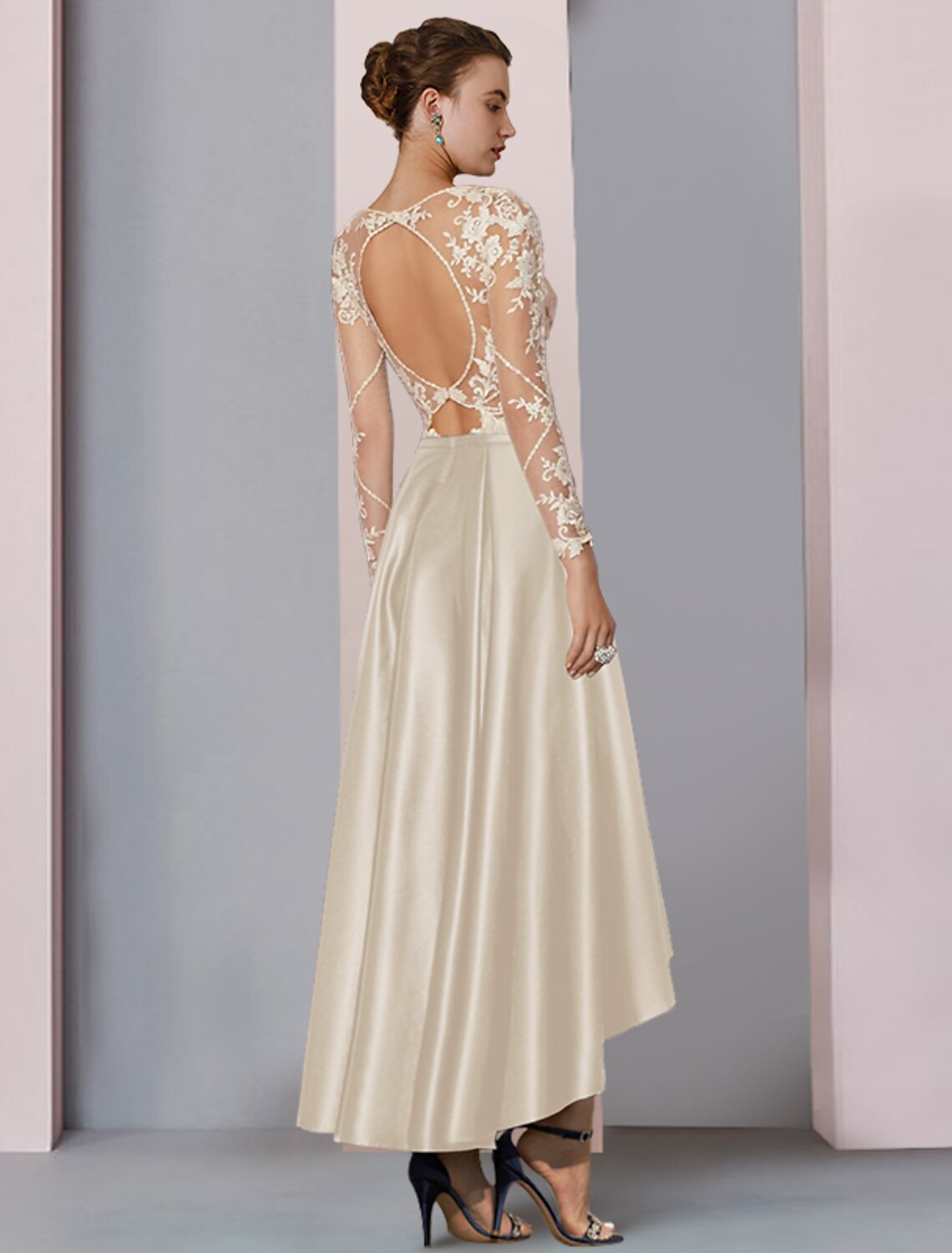 Side view of the high-low tea length satin lace dress.