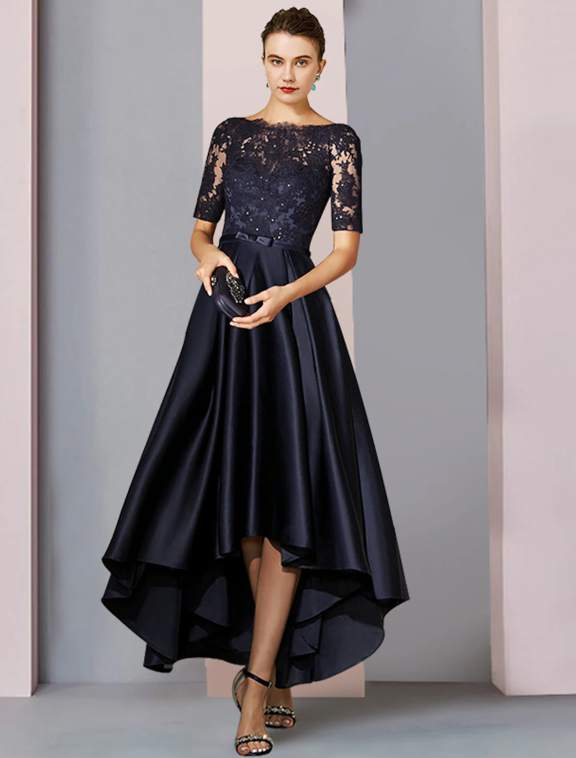 Elegant A-Line Mother of the Bride dress in satin lace with scoop neck and short sleeves.