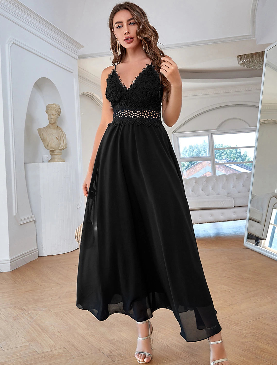 Side profile of a woman showcasing the A-line silhouette of a sequined formal gown.