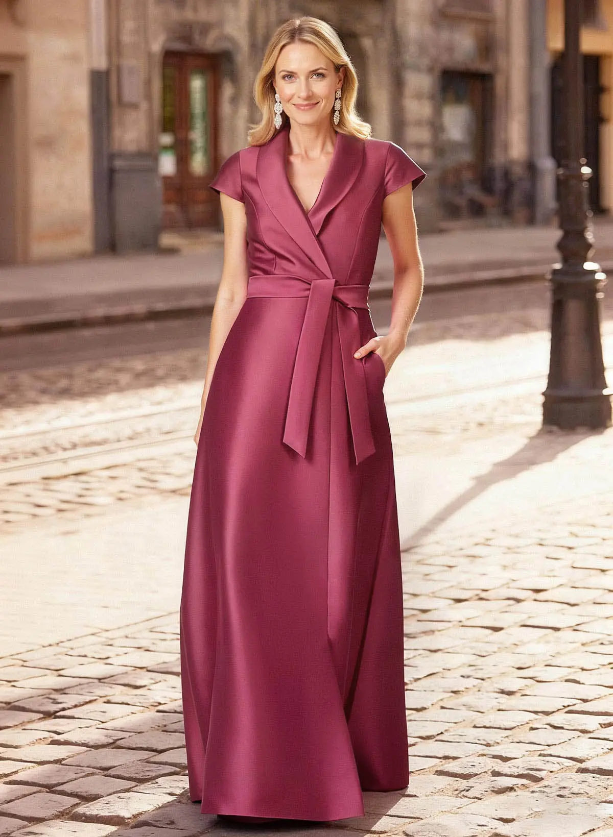 Elegant A-Line Shawl Collar Short Sleeve Burgundy Satin Evening Gown with Waist Tie Mother of the Bride Dress