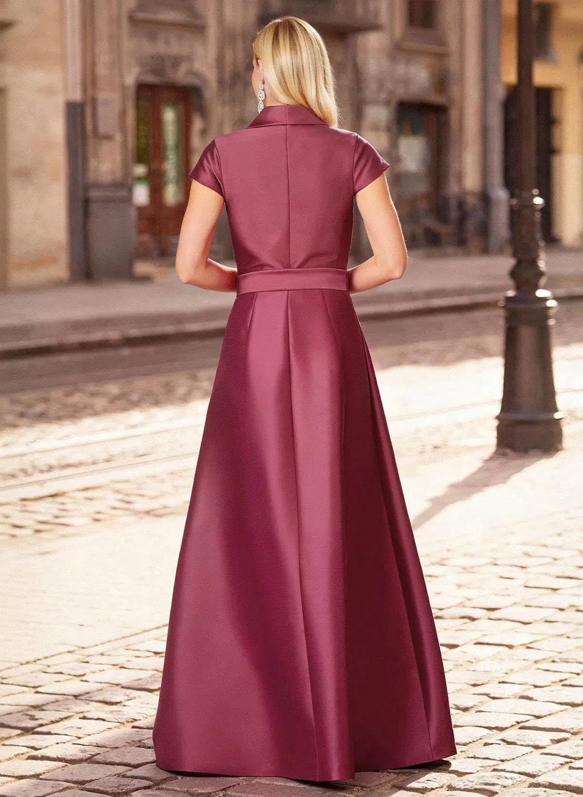 Elegant A-Line Shawl Collar Short Sleeve Burgundy Satin Evening Gown with Waist Tie Mother of the Bride Dress