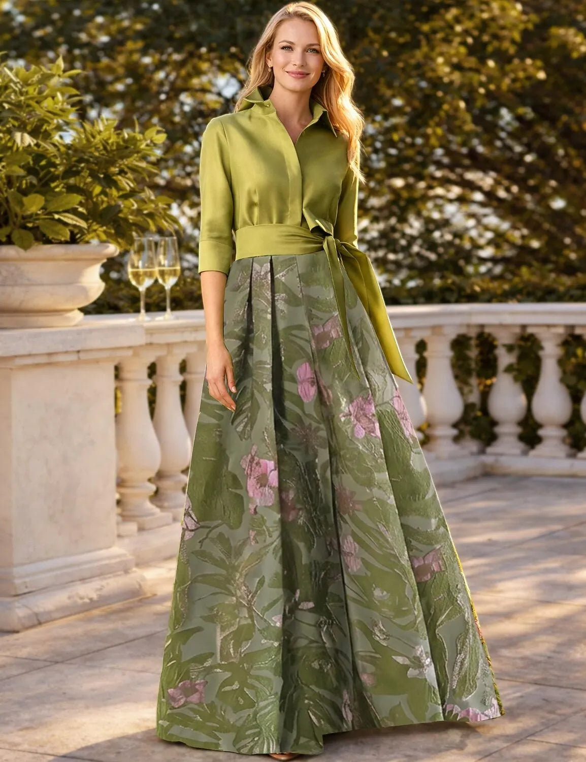 Elegant A-Line Shirt Collar 3/4 Sleeve Maxi Floral Dress