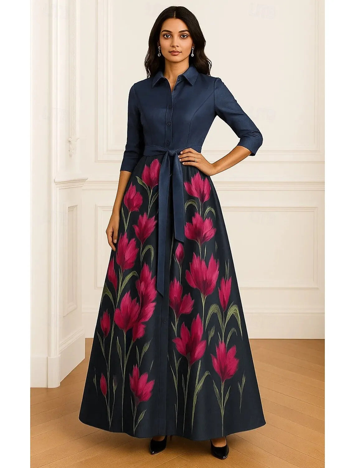 Elegant A-Line Shirt Collar 3/4 Sleeve Maxi Floral Dress