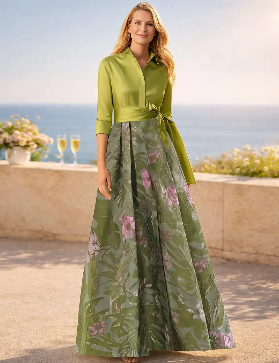 Elegant A-Line Shirt Collar 3/4 Sleeve Maxi Floral Dress