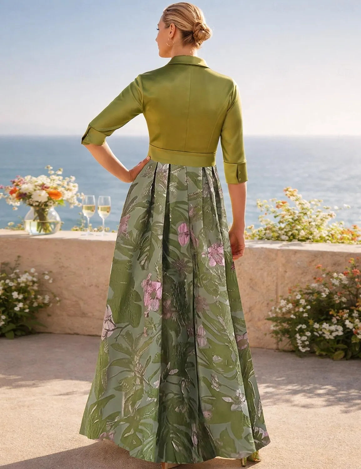 Elegant A-Line Shirt Collar 3/4 Sleeve Maxi Floral Dress