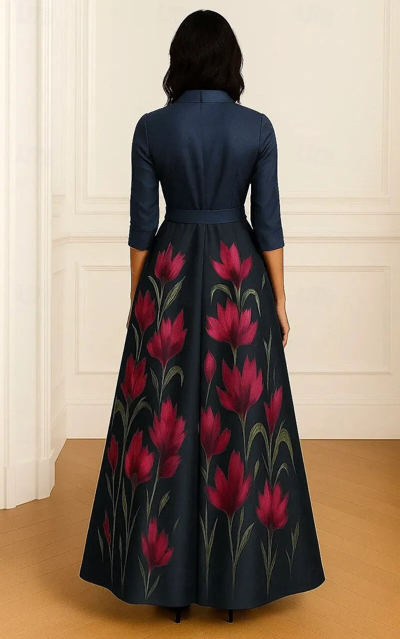 Elegant A-Line Shirt Collar 3/4 Sleeve Maxi Floral Dress
