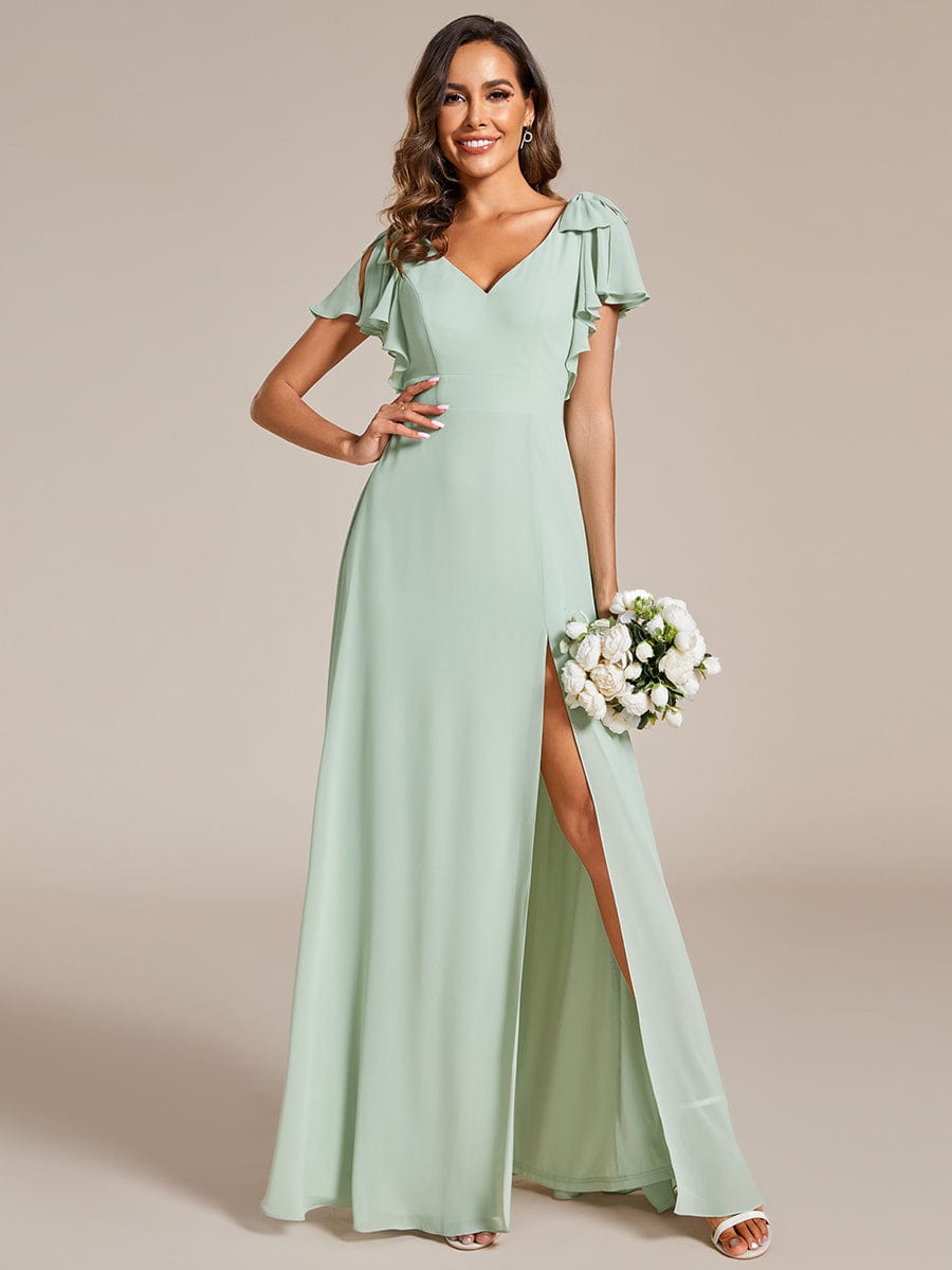 Green A-line chiffon bridesmaid dress with short sleeves, bowknot, and high front slit.