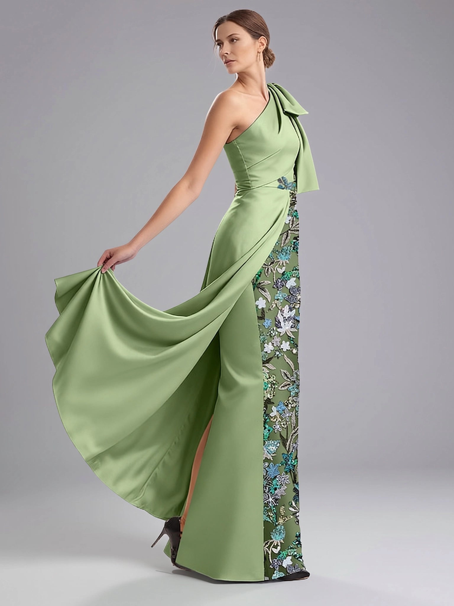 Elegant A-Line Sleeveless One Shoulder Satin Slit Floor-Length Mother Of The Bride Dress