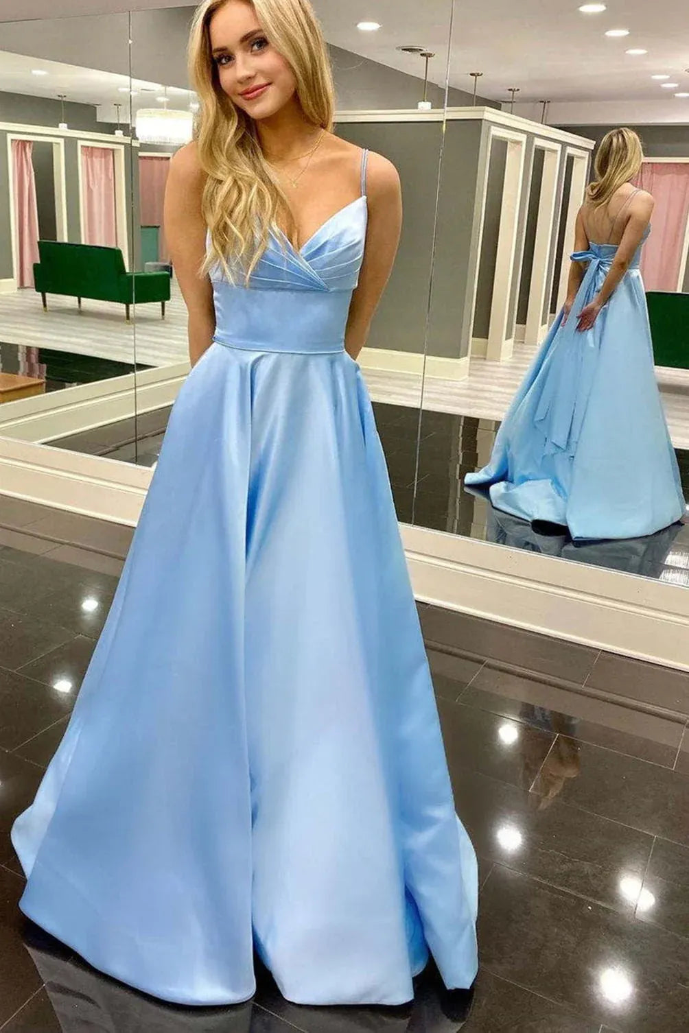 Elegant A-Line Spaghetti Strap Satin Prom Dress with Bow