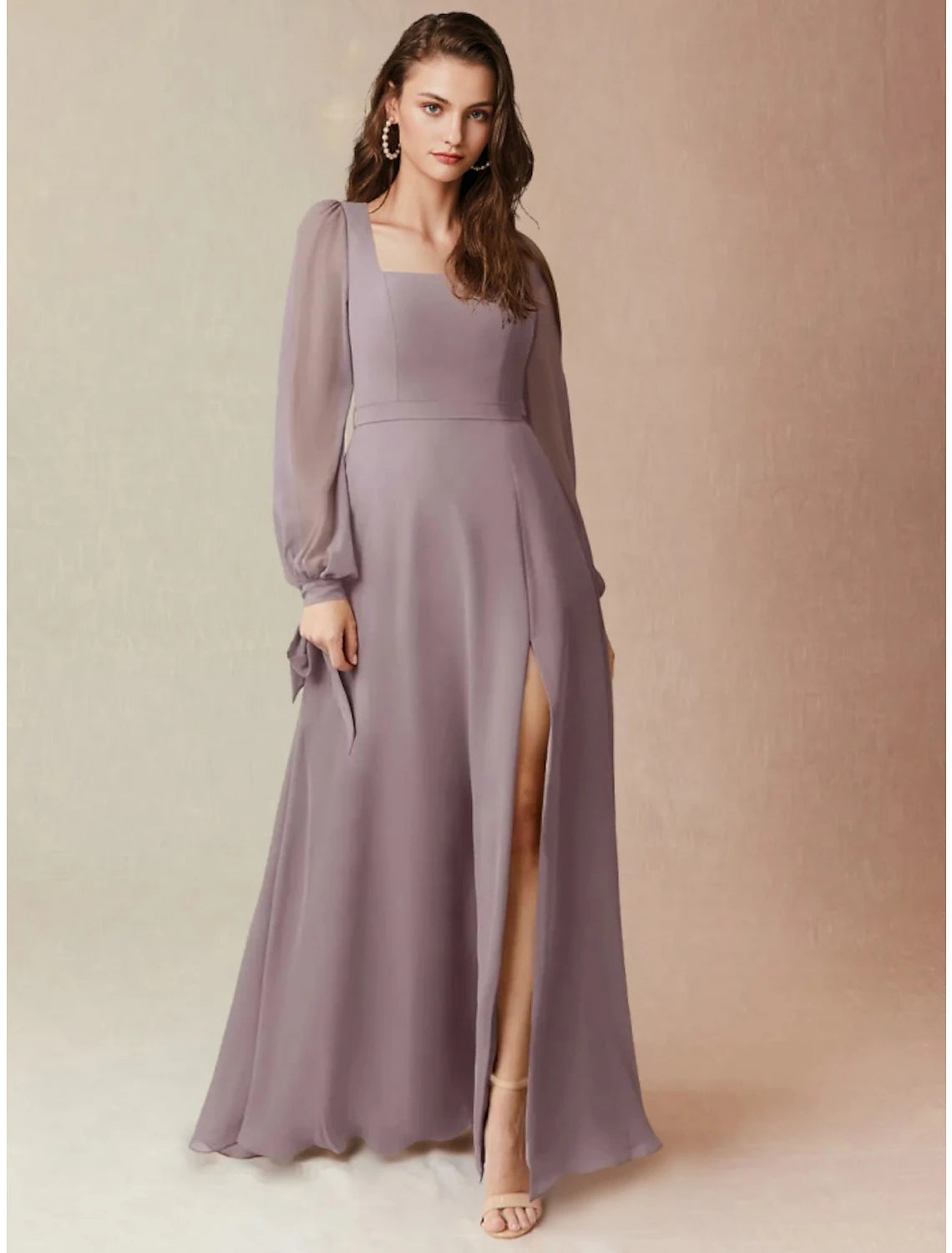 Model wearing an elegant A-line square neck long sleeve chiffon bridesmaid dress with a split front.