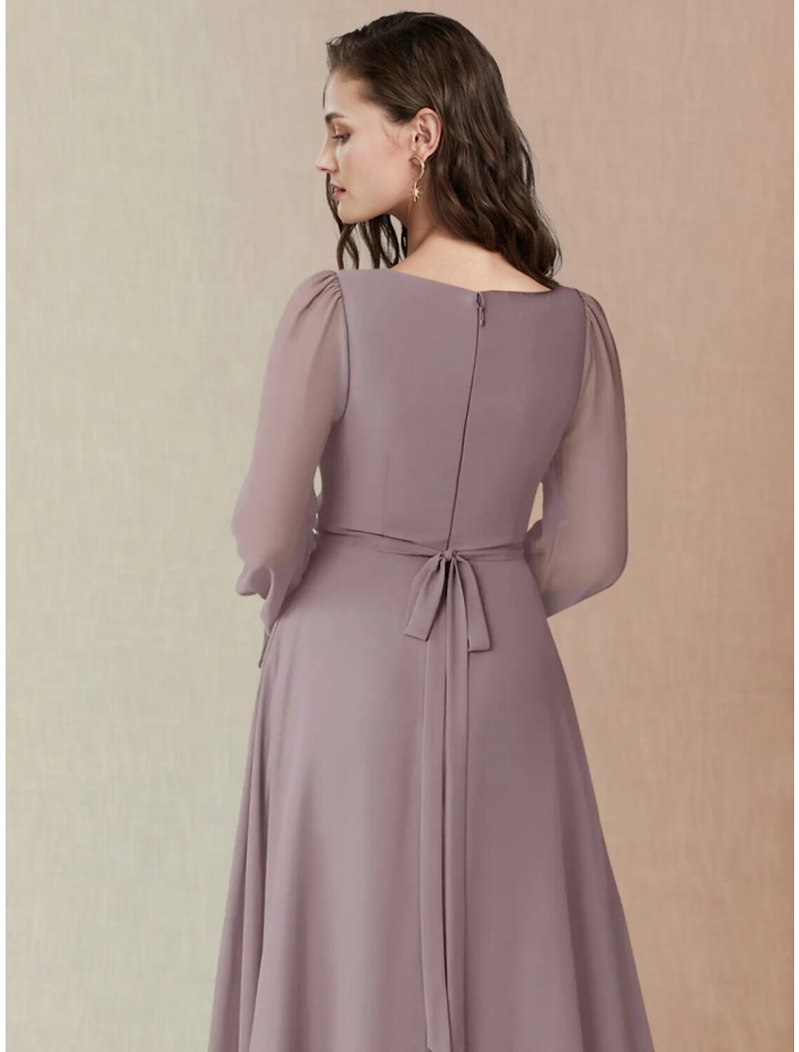 Back view of the A-line square neck long sleeve chiffon bridesmaid dress, highlighting ruching details.