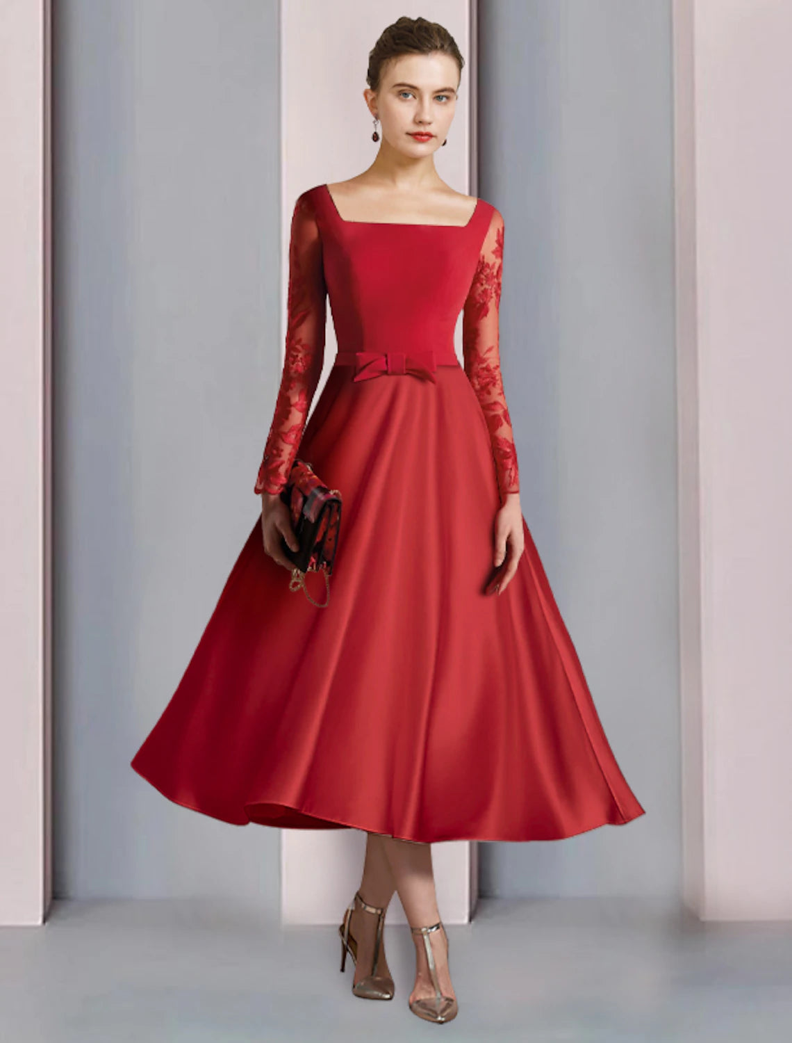 Weitese A-Line Mother of the Bride dress in dark color, front view, featuring square neck and long sleeves.