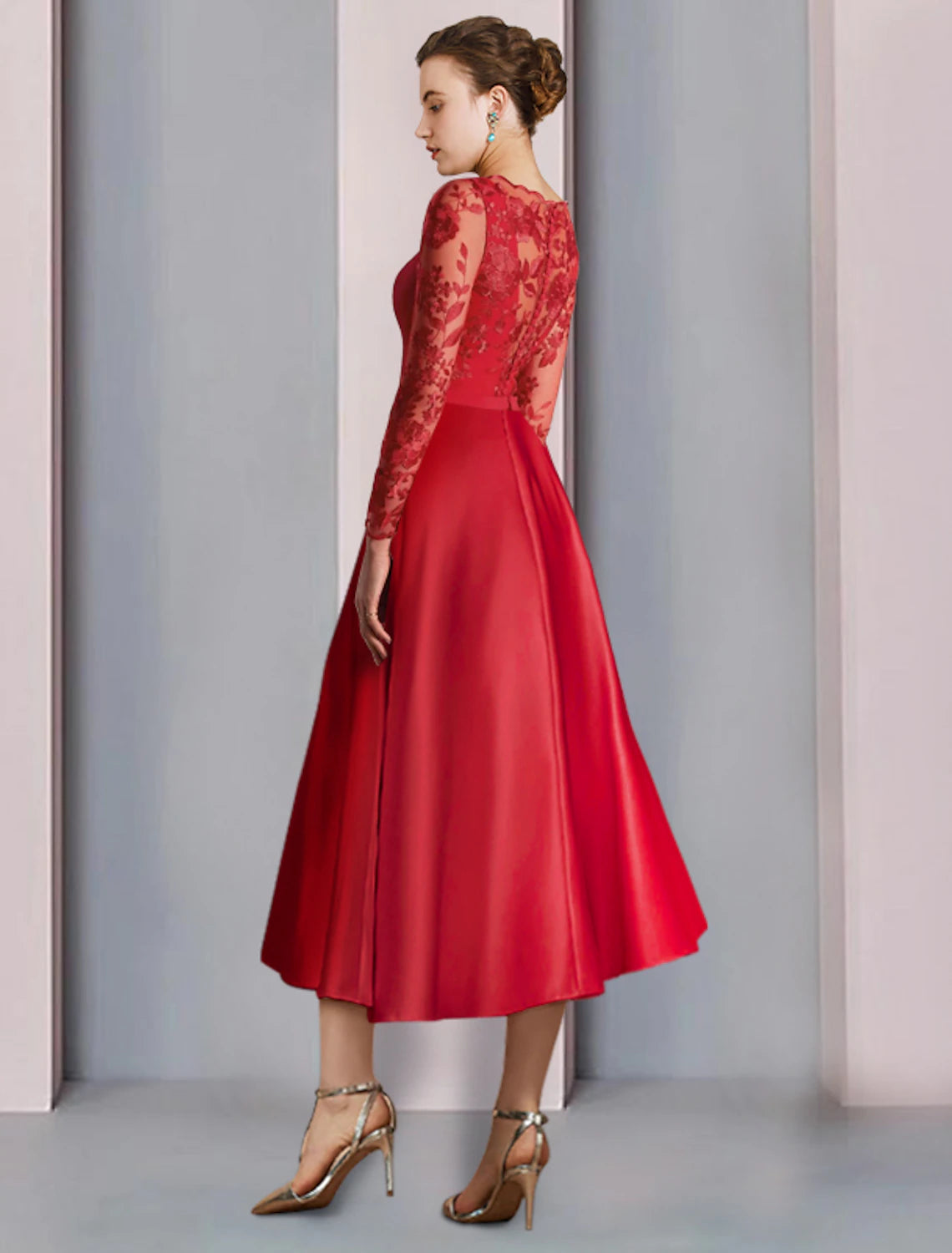 Elegant A-Line tea-length dress with lace details and bows, side view, suitable for formal events.