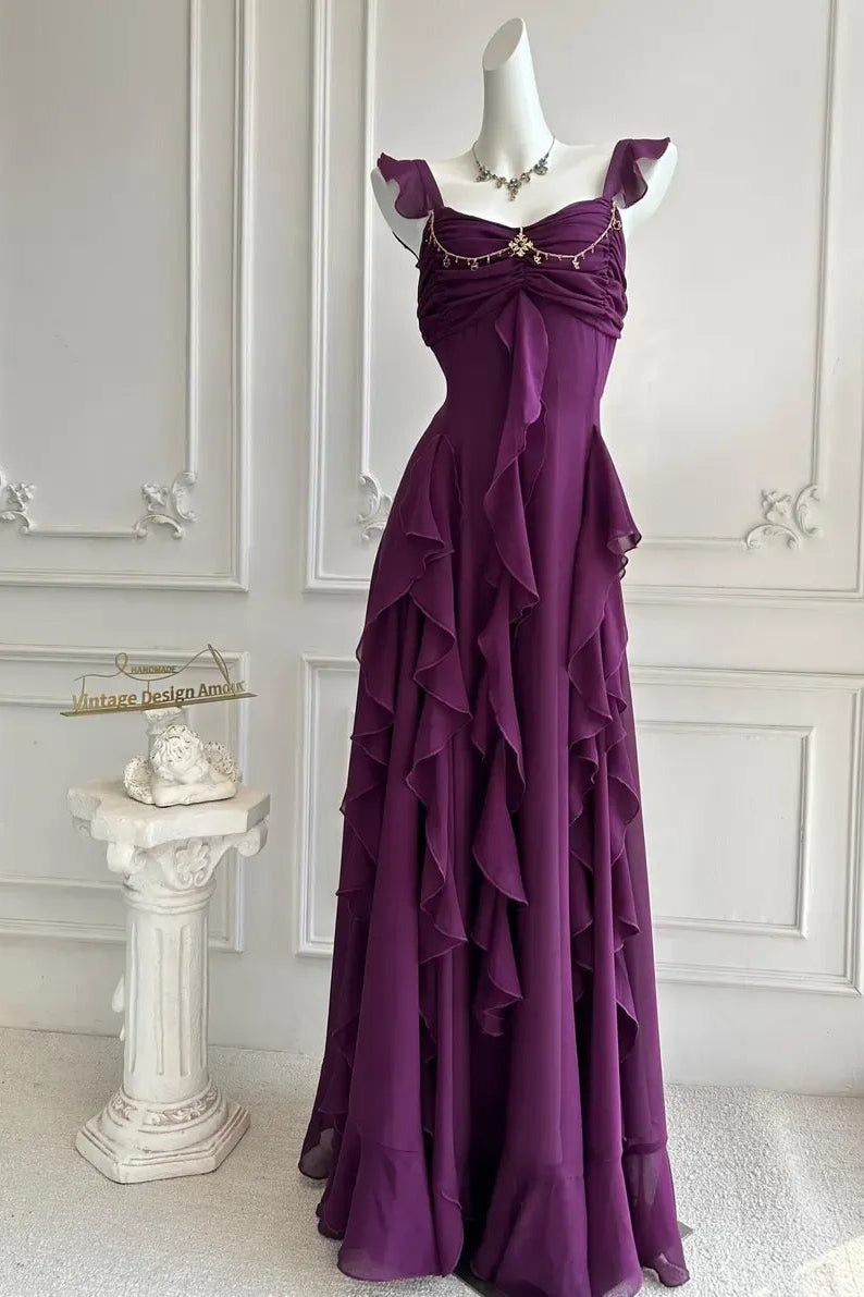 Elegant A-Line Square Neck Ruffle Strap Backless Tiered Ruffle Chiffon Maxi Dress With Beaded Detail