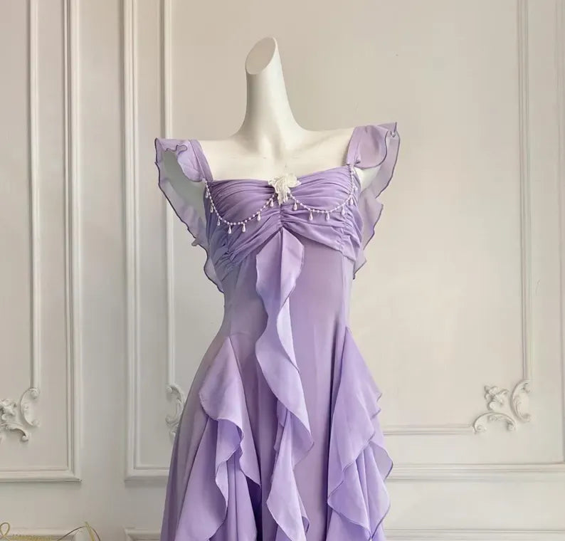 Elegant A-Line Square Neck Ruffle Strap Backless Tiered Ruffle Chiffon Maxi Dress With Beaded Detail