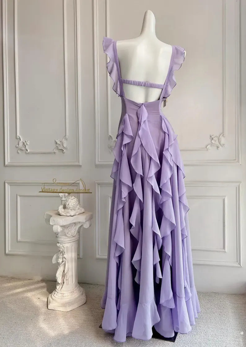Elegant A-Line Square Neck Ruffle Strap Backless Tiered Ruffle Chiffon Maxi Dress With Beaded Detail