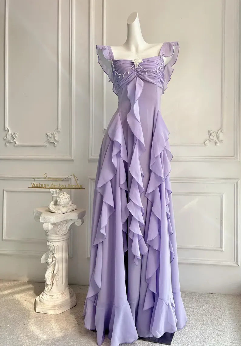 Elegant A-Line Square Neck Ruffle Strap Backless Tiered Ruffle Chiffon Maxi Dress With Beaded Detail