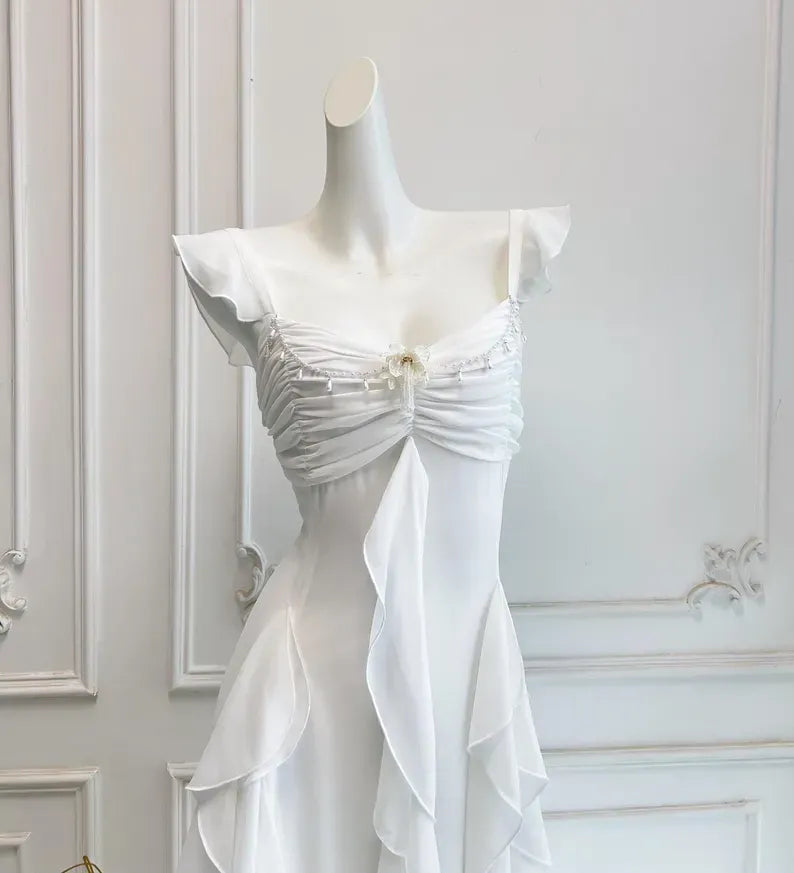 Elegant A-Line Square Neck Ruffle Strap Backless Tiered Ruffle Chiffon Maxi Dress With Beaded Detail