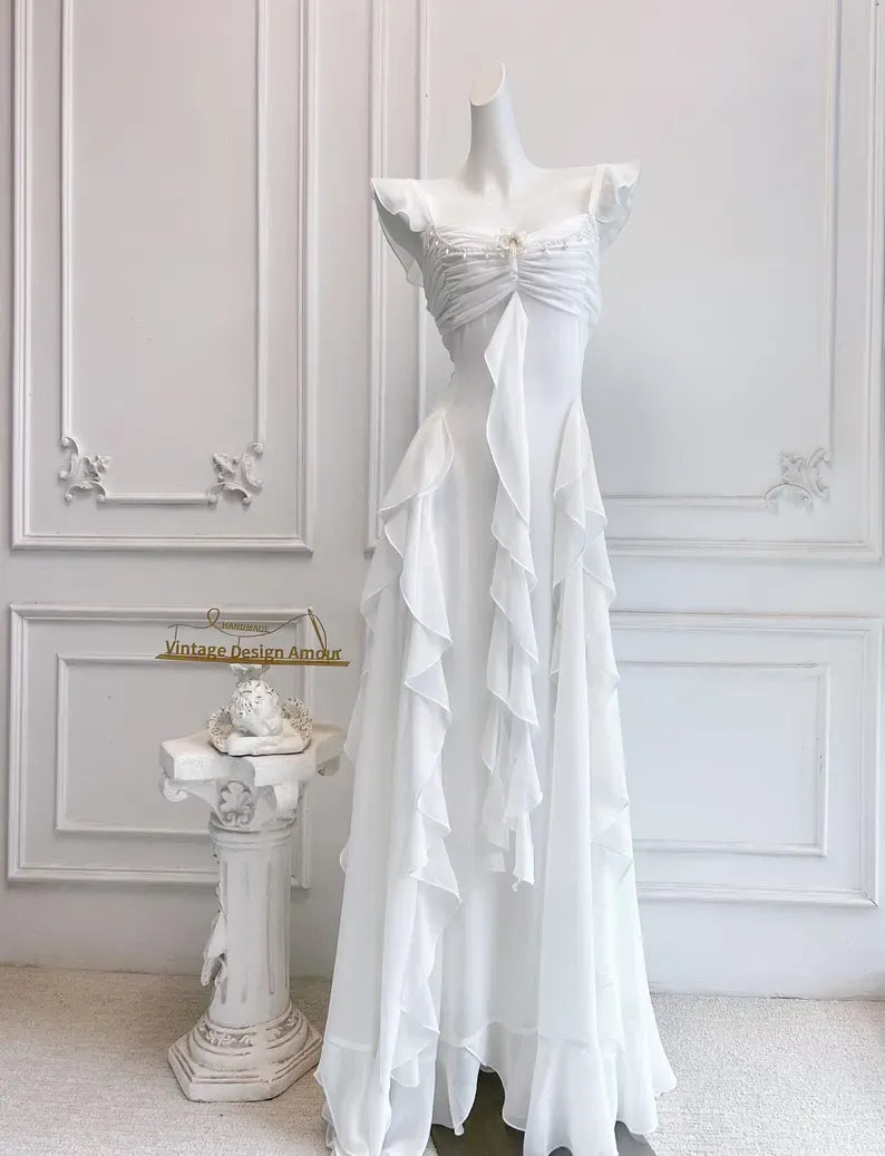 Elegant A-Line Square Neck Ruffle Strap Backless Tiered Ruffle Chiffon Maxi Dress With Beaded Detail