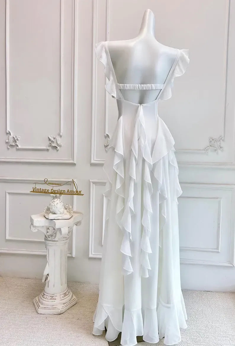 Elegant A-Line Square Neck Ruffle Strap Backless Tiered Ruffle Chiffon Maxi Dress With Beaded Detail