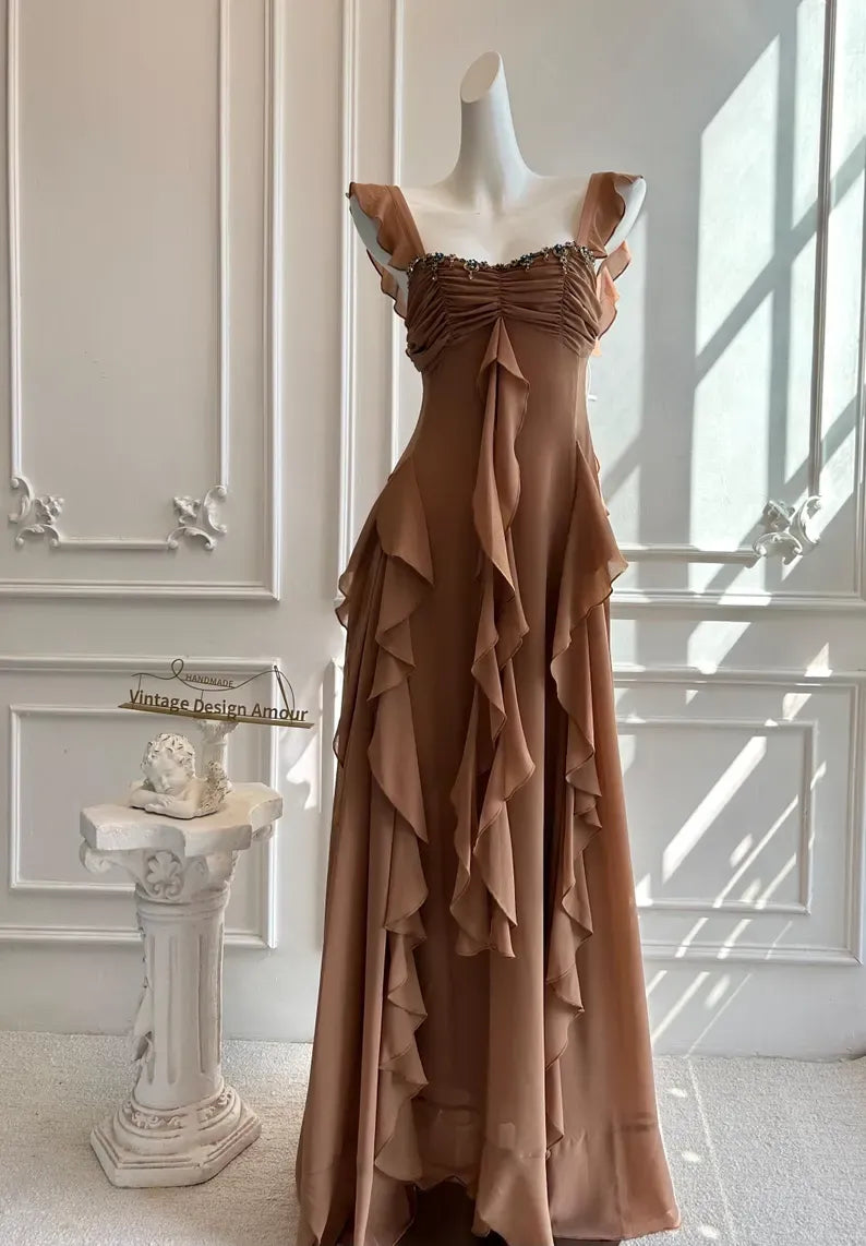 Elegant A-Line Square Neck Ruffle Strap Backless Tiered Ruffle Chiffon Maxi Dress With Beaded Detail