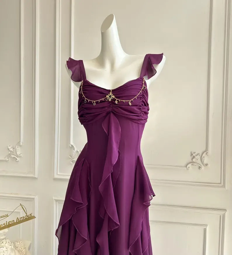 Elegant A-Line Square Neck Ruffle Strap Backless Tiered Ruffle Chiffon Maxi Dress With Beaded Detail