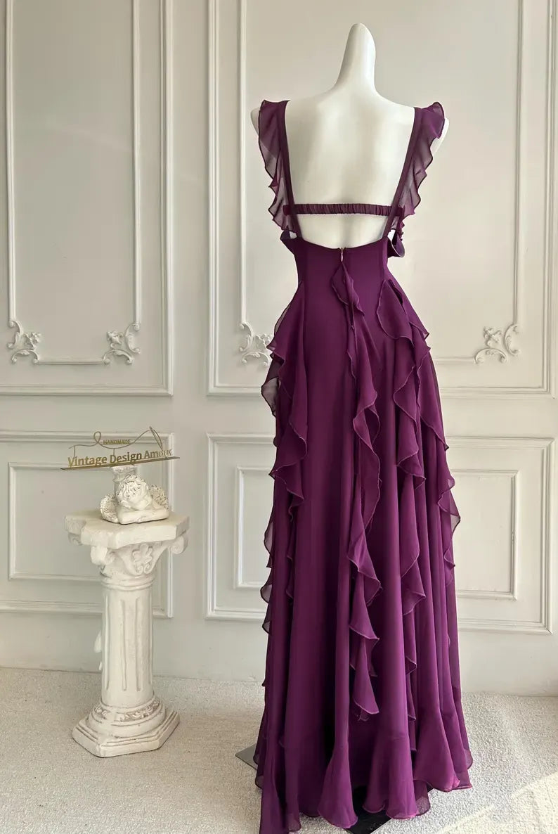 Elegant A-Line Square Neck Ruffle Strap Backless Tiered Ruffle Chiffon Maxi Dress With Beaded Detail
