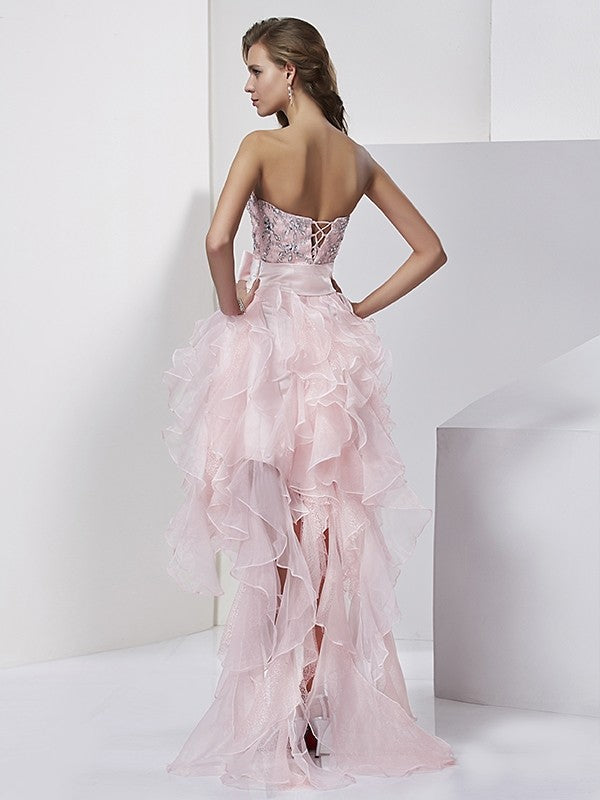Full view of the Weitese A-Line strapless high-low organza dress, perfect for homecoming.