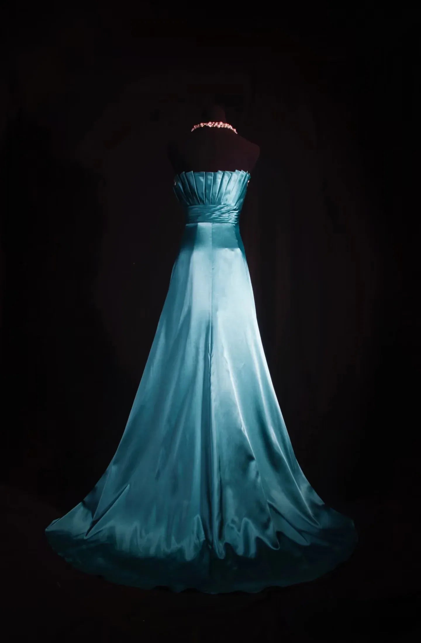Elegant A-Line Strapless Pleated Waist Flower Satin Floor-Length Evening Gown