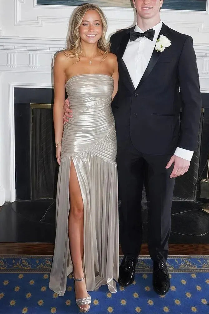 Elegant A-Line Strapless Ruched Metallic Satin Evening Maxi Dress