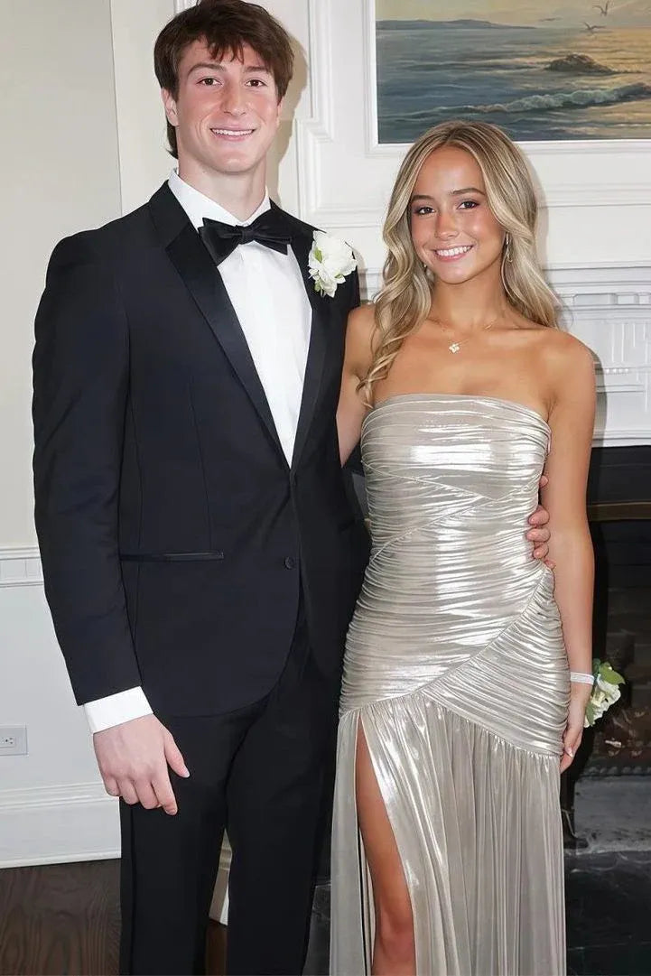 Elegant A-Line Strapless Ruched Metallic Satin Evening Maxi Dress