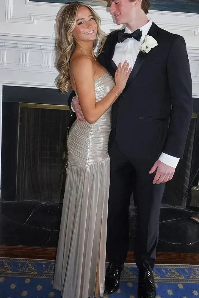 Elegant A-Line Strapless Ruched Metallic Satin Evening Maxi Dress