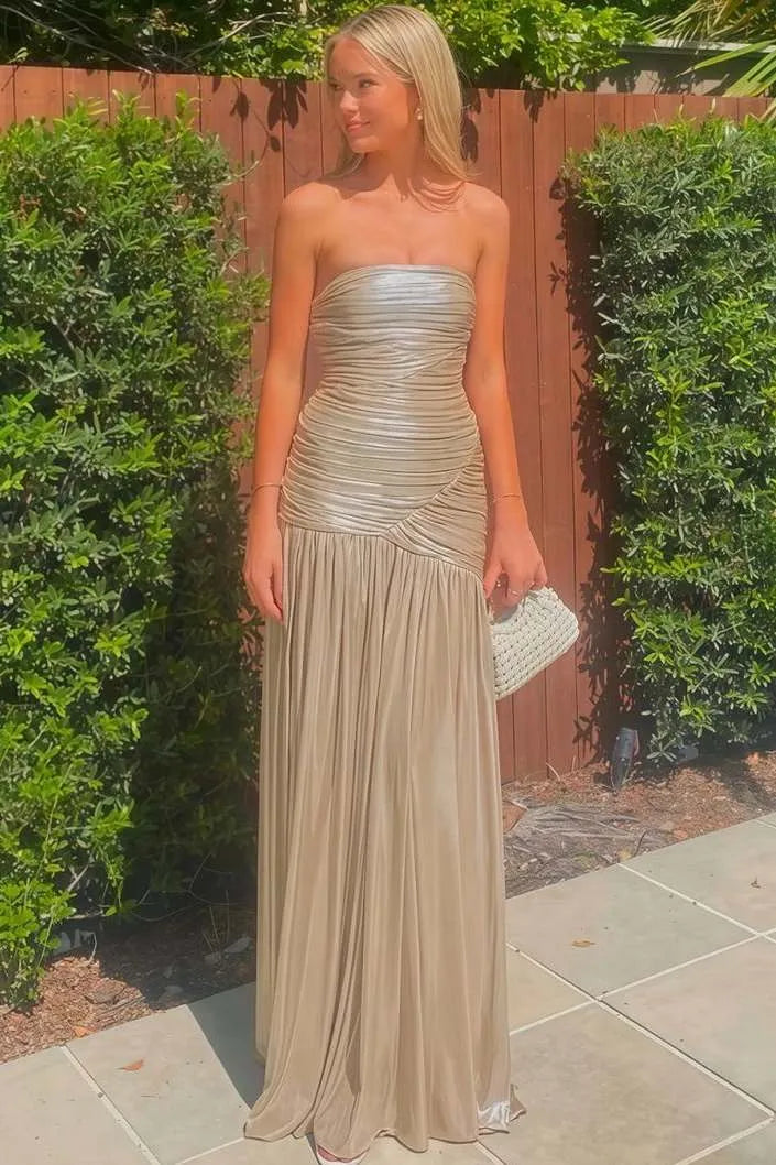 Elegant A-Line Strapless Ruched Metallic Satin Evening Maxi Dress