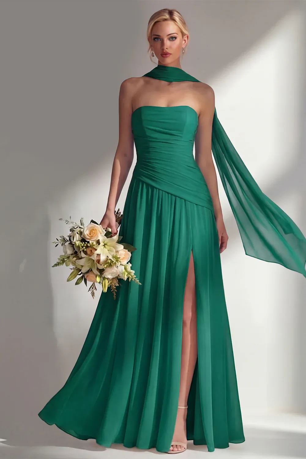 Elegant A-Line Strapless Scarf Sleeve Chiffon Maxi Formal Dress