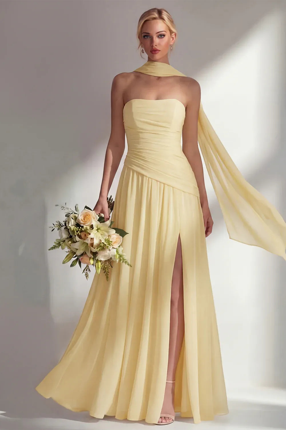 Elegant A-Line Strapless Scarf Sleeve Chiffon Maxi Formal Dress
