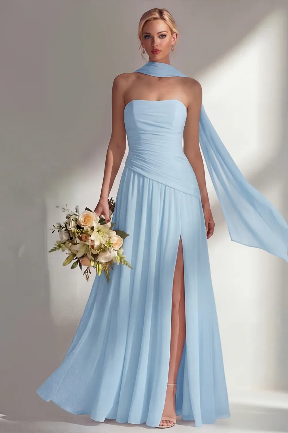 Elegant A-Line Strapless Scarf Sleeve Chiffon Maxi Formal Dress